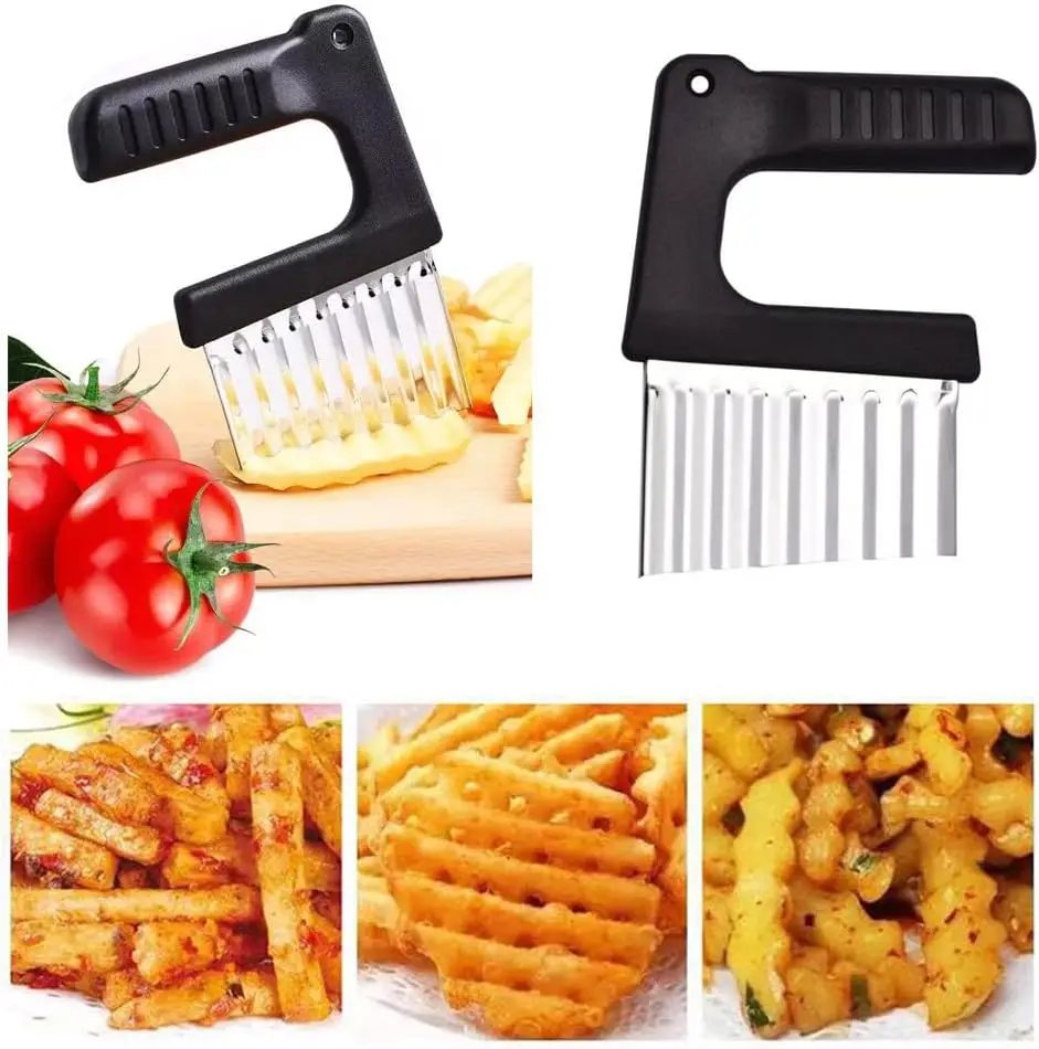 Stainless Steel Potato Chip Slicer Crinkle Cutter Knife with Ergonomic Handle for Dough Vegetable Fruit French Fry Maker Tools