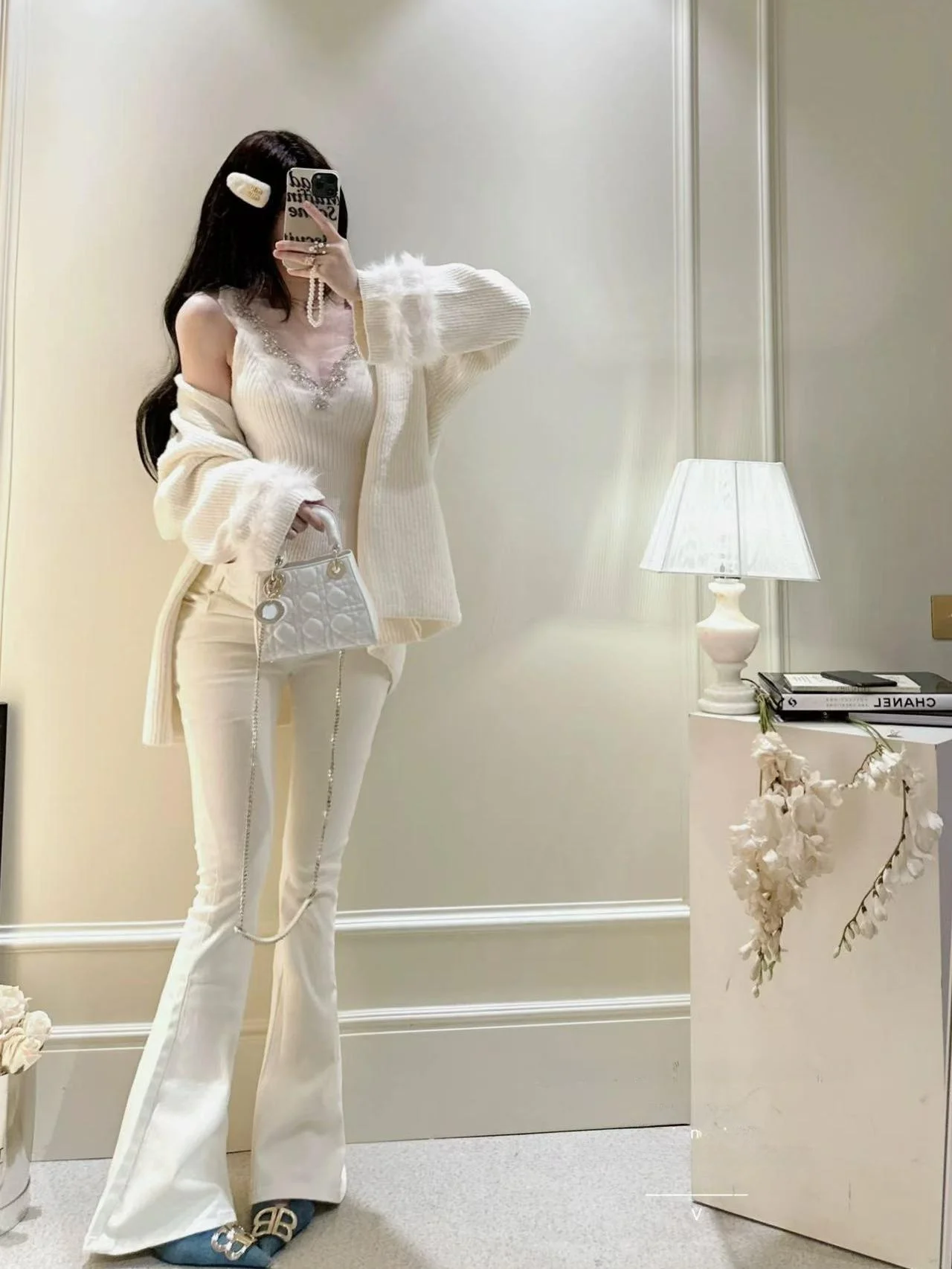 

Slimming High Waist Flared Jeans Women's Gentle Sle Light Milk White Fce Lined Unlined Cotton Stretch Denim Jeans