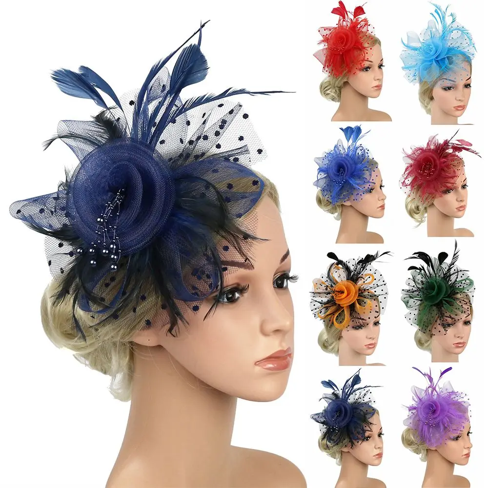 Fascinator Hat for Women Tea Party Headband Wedding Hair Clip Cocktail Party Mesh Flower Feathers Hair Clip Stylish Women Girls