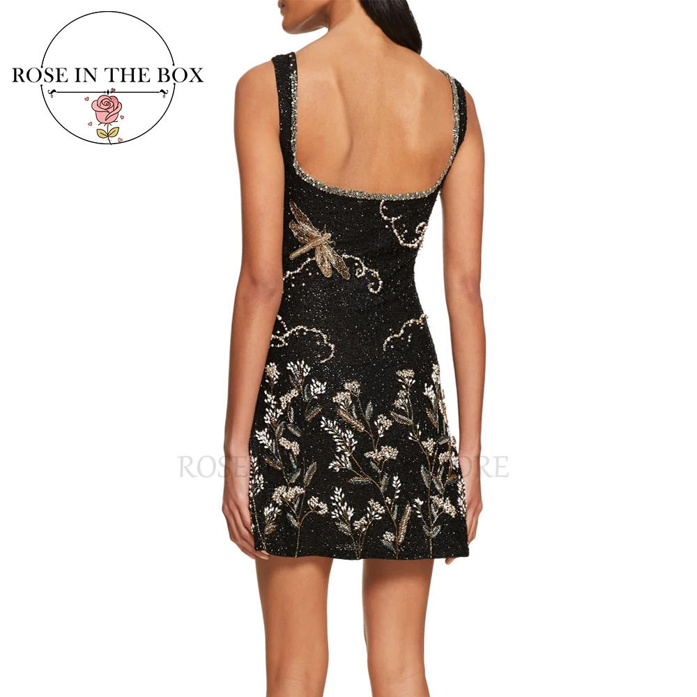 ROSEINTHEBOX Customized Stunning Evening Dress Square Neck Cut-Out Hand-sewing Beaded Party Dresses Vestidos Cortos Formal Prom