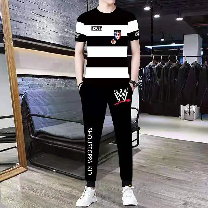 Men\'s Summer Printed Crew-neck Striped Short-sleeved T-shirt Trouser Suit Thin Casual Trend Fashion Sportswear Two-piece Set