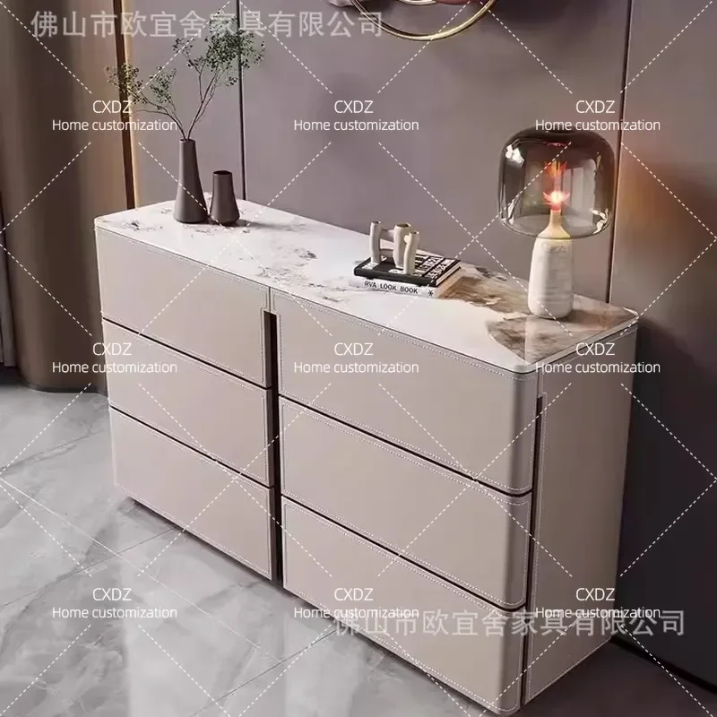 Modern Light Luxury Saddle Leather Rock Slab Bucket Cabinet Living Room Simple Storage Wall Mounted Chest of Drawers 6 9