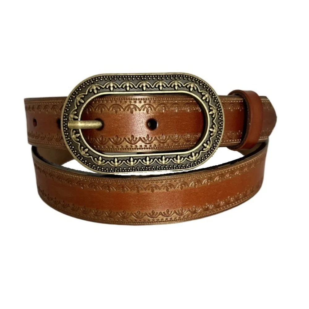 

Gradient Men Retro Waist Belt Adjustable Metal Buckle PU Leather Belt 2.8CM Carved Embossed Vintage Waistband for Jeans Pants