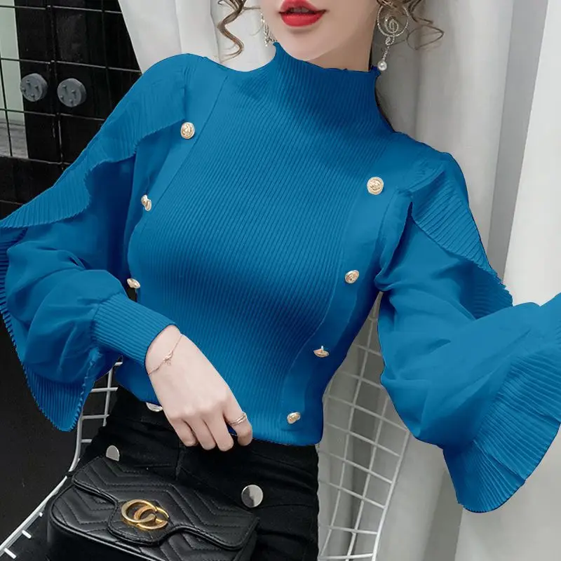 2023 Autumn Winter New Solid Color Half High Collar Long Sleeve Sweater Women Slim Button Lace Patchwork All-match Pullovers