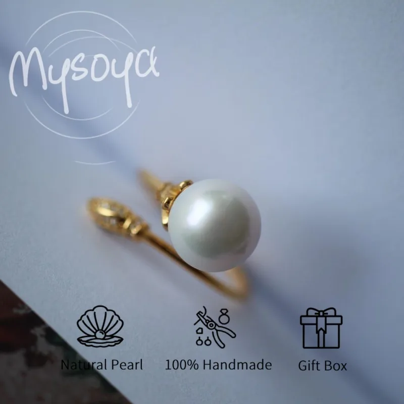 

MYSOYA Akoya Seawater Pearl Ring 8-8.5 Mm S925 Silvery Ring Holder With Gift Box For Her/Him Birthday/Wedding/Christmas Gift