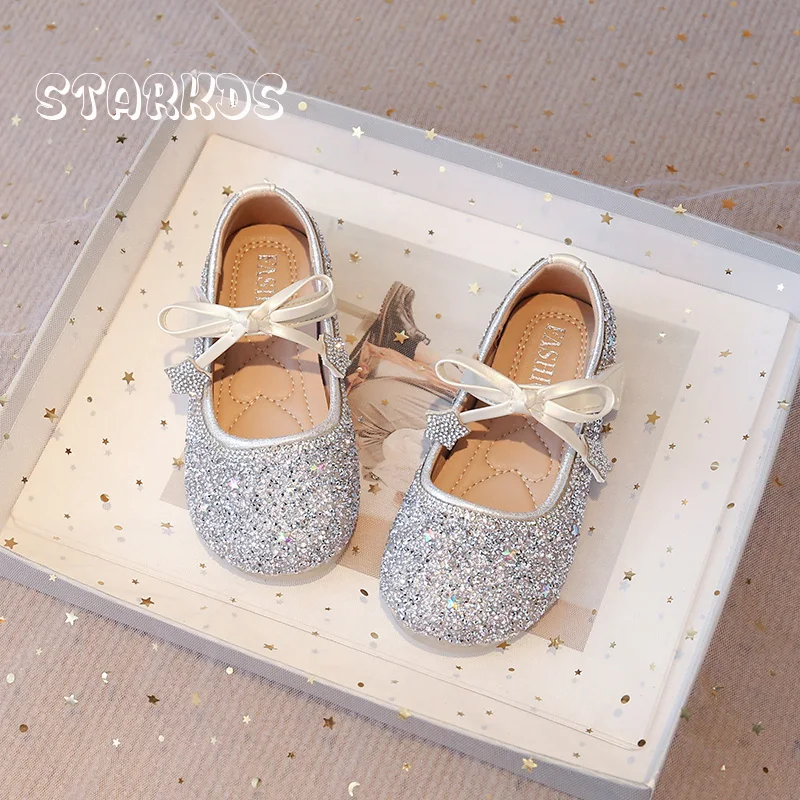 Bling Rhinestone Ballerina Shoes Kid Girl Star Fringe Bowknot Ballet Flats Baby Child Round Toe Soft Sole Glitter Princess Shoes