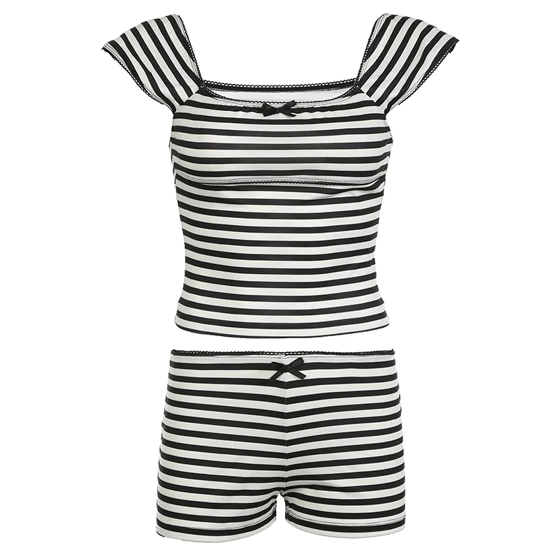 IAMHOTTY Y2K Striped Cropped Top and Shorts Two Piece Set Women\'s Summer Bow Decorate Square Collar T-shirts Hot Pants Suits New