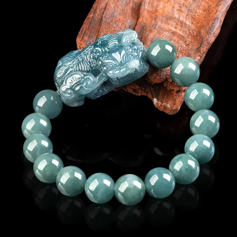 Natural Jadeite Blue Water Bully King Pixiu String Hand-carved Luxury Charm Ice Jade Bracelet Men and Women Mascots Holiday Gift