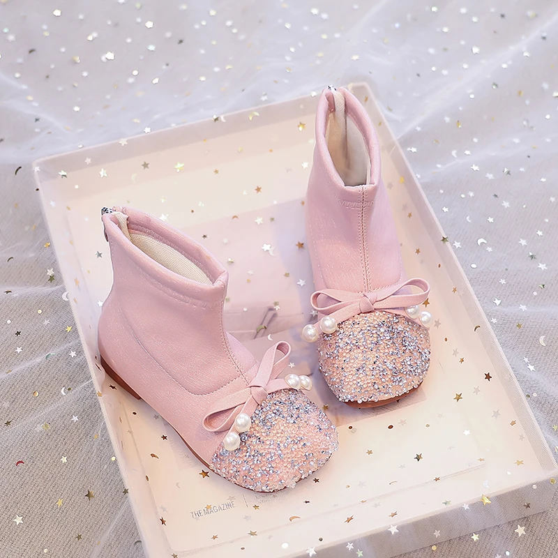 الفتيات حذاء من الجلد الأطفال كريستال الأميرة أحذية مكافحة زلق موضة الاطفال بولي Boots الأحذية الجلدية مع فراشة عقدة حجم 26-35 #6