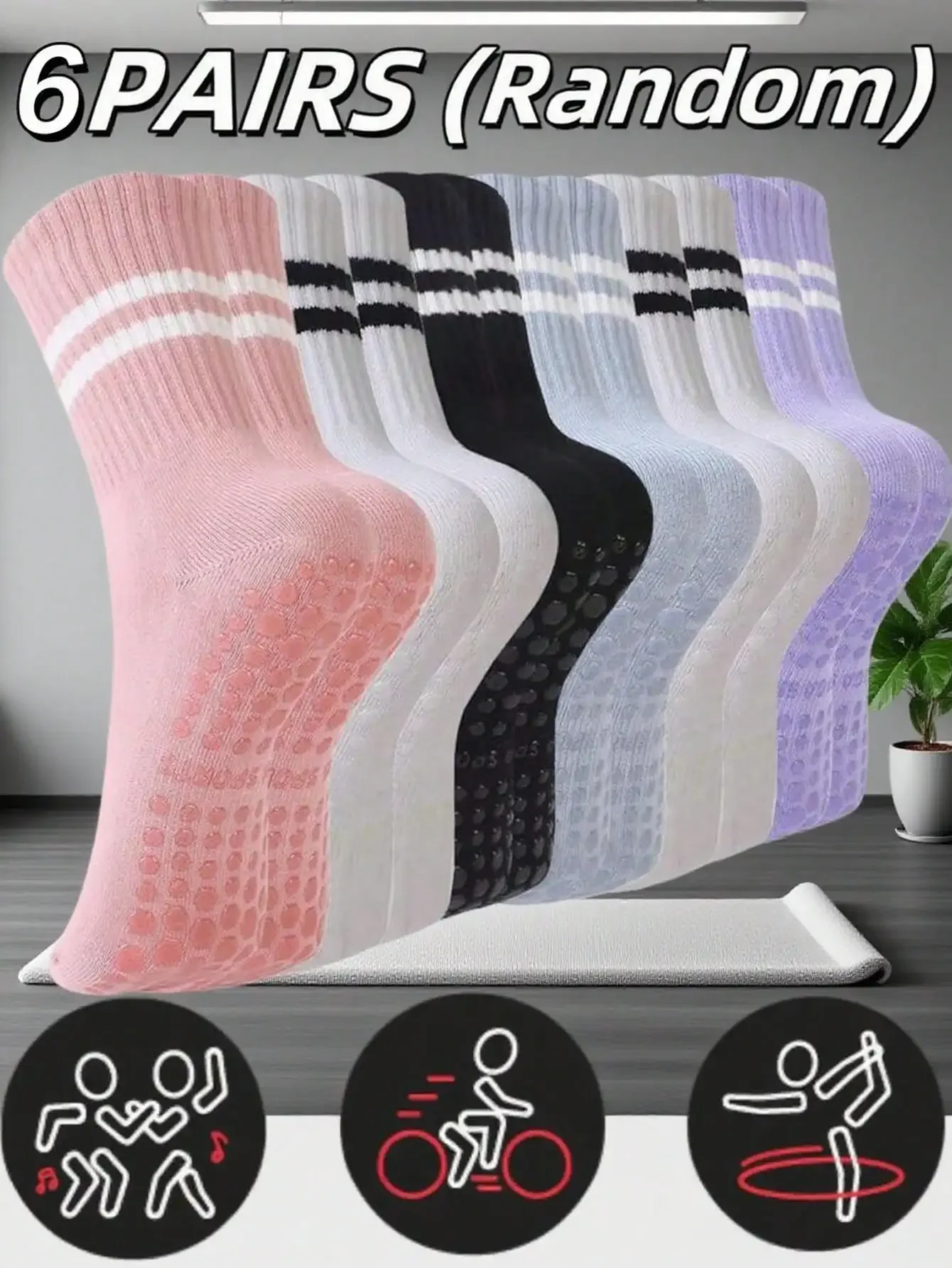6 Pairs Of Women's Sports Yoga Mid Tube Socks, Anti Slip Pilates Socks, Grip, Anti Slip Stripes, Yoga Fitness Suitable For Ballet Hospitals To Wear