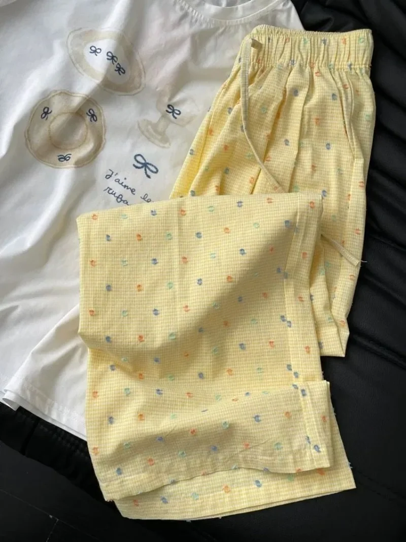 Pantalones de pierna ancha a cuadros de lunares coloridos coreanos, ropa de mujer, novedad de verano, pantalones rectos informales sueltos de cintura alta finos de estilo perezoso