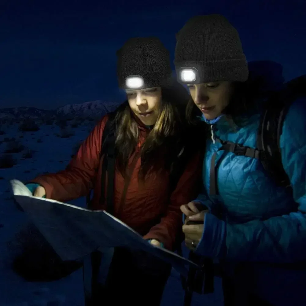 Winter LED Warme Beleuchtung Gestrickte Hut Männer Frauen LED Scheinwerfer Hut Outdoor Sport Nacht Licht-up Hut Stretch Beanie angeln Hut – Detail 3
