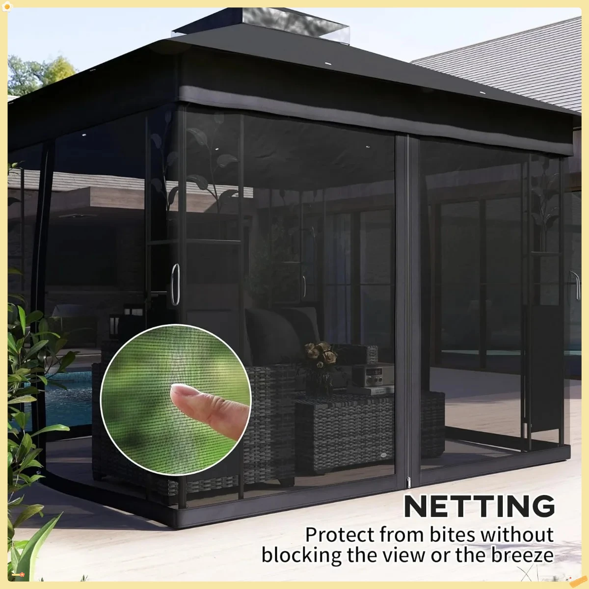 شرفة خارجية مع أرفف وشبكات، مأوى مظلة للفناء بسقف مزدوج، UV30+ محمي للحديقة والفناء الخلفي والسطح