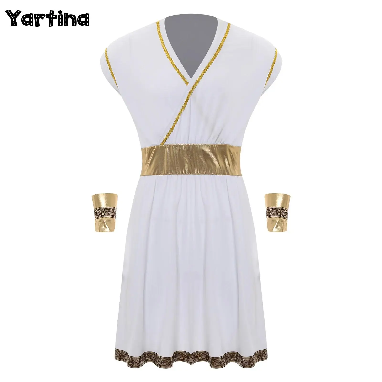 

Mens Ancient Greek Roman Metallic Dress Robe with Cuffs V Neck Golden Braided Trimming King Prince Cosplay Performance Costume