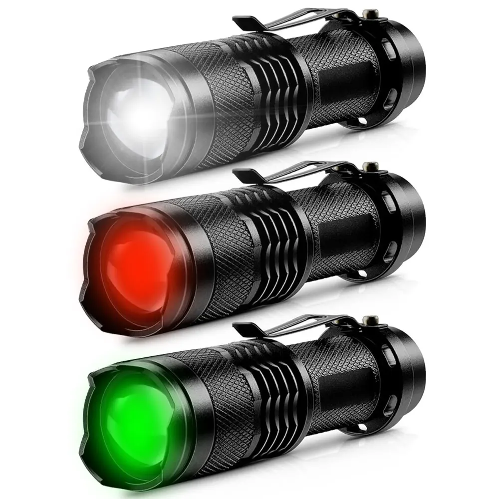 A set of multiple red, green, and white three light flashlights, weighing 52 grams and lightweight, convenient for daily carry