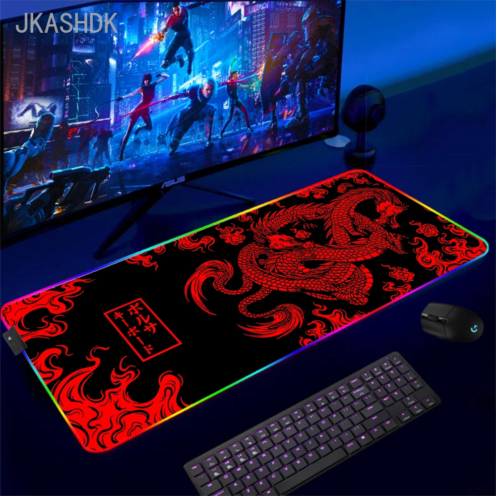 Anime Mice Mat Japanese Red Dragon Large Gaming RGB Mousepad XL Keyboard Lock Edge Desk Mat LED Table Luminous Mouse Pad 90x40cm