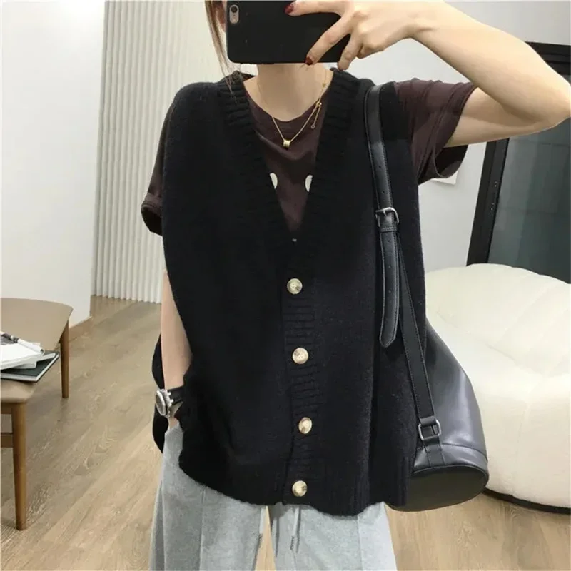 Rompi Sweater mode mantel wanita baru longgar V-neck rompi wanita musim gugur musim dingin warna Solid rajutan mode rompi longgar atasan E4657