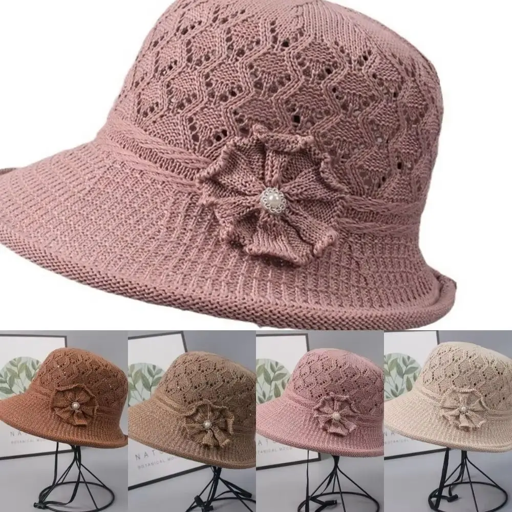 Sombrero tejido de perlas y flores con protección solar, sombrero para el sol con flores trenzadas plegables, hueco, cómodo de llevar, sombrero de cubo tejido Unisex