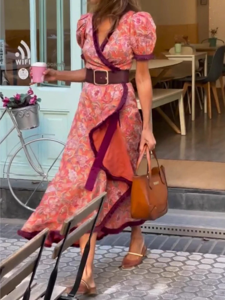 Spring Summer New Bohemian Pattern Print Long Dress Casual V Neck Irregular Fit Dress Elegant Puff Sleeve Vacation Dress