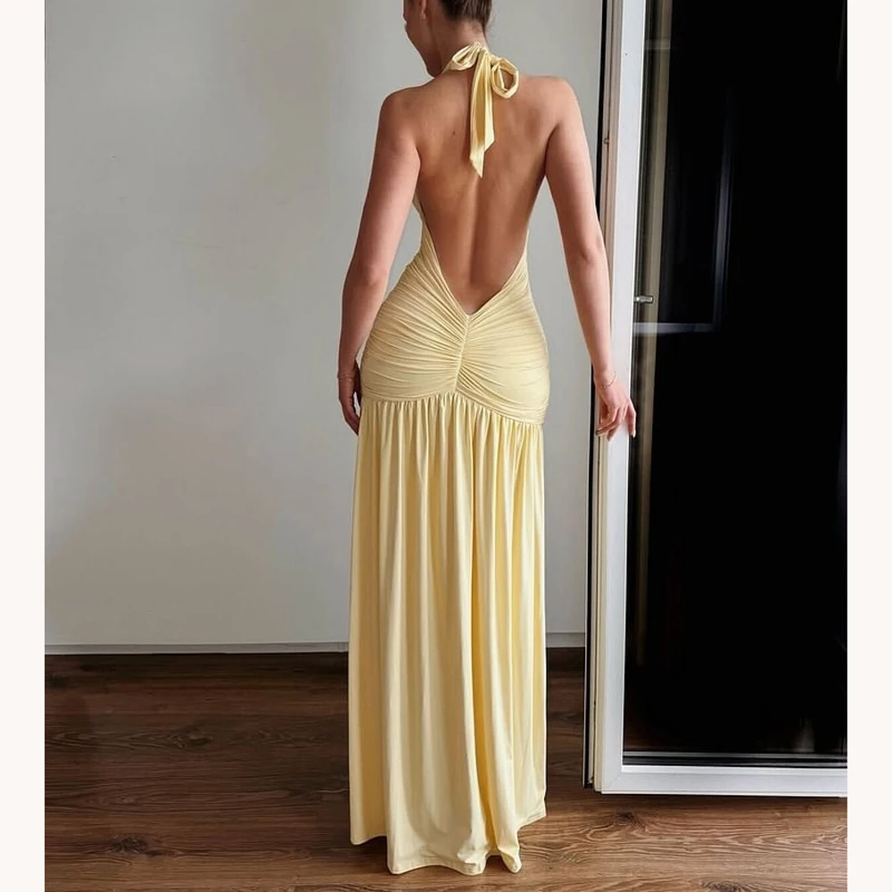 Abiti da ballo personalizzati Abito da sera pieghettato senza schienale con scollo a V profondo con cinturino all'americana giallo Squisiti abiti da festa di alta qualità da donna