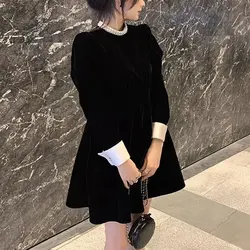Fashion Beading Mini Dress Round Neck Spring Autumn Solid Color Women's Clothing Aura Elegant A-Line Waist Basic Spliced Dresses