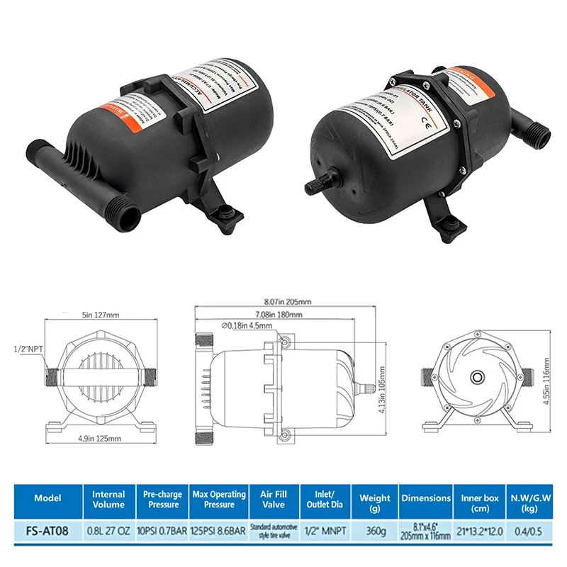 Micro 0.8L Water Pump Tank for Gas Storage; RV Pressure Tank; Continuous Flow Diaphragm Pump for Yachts.