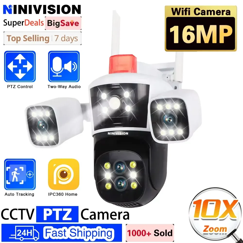 

16MP 8K WiFi Security Cameras Four Len Three Screens 10X Zoom Outdoor PTZ Video Cam Auto Tracking 6K Waterproof Surveillance Cam