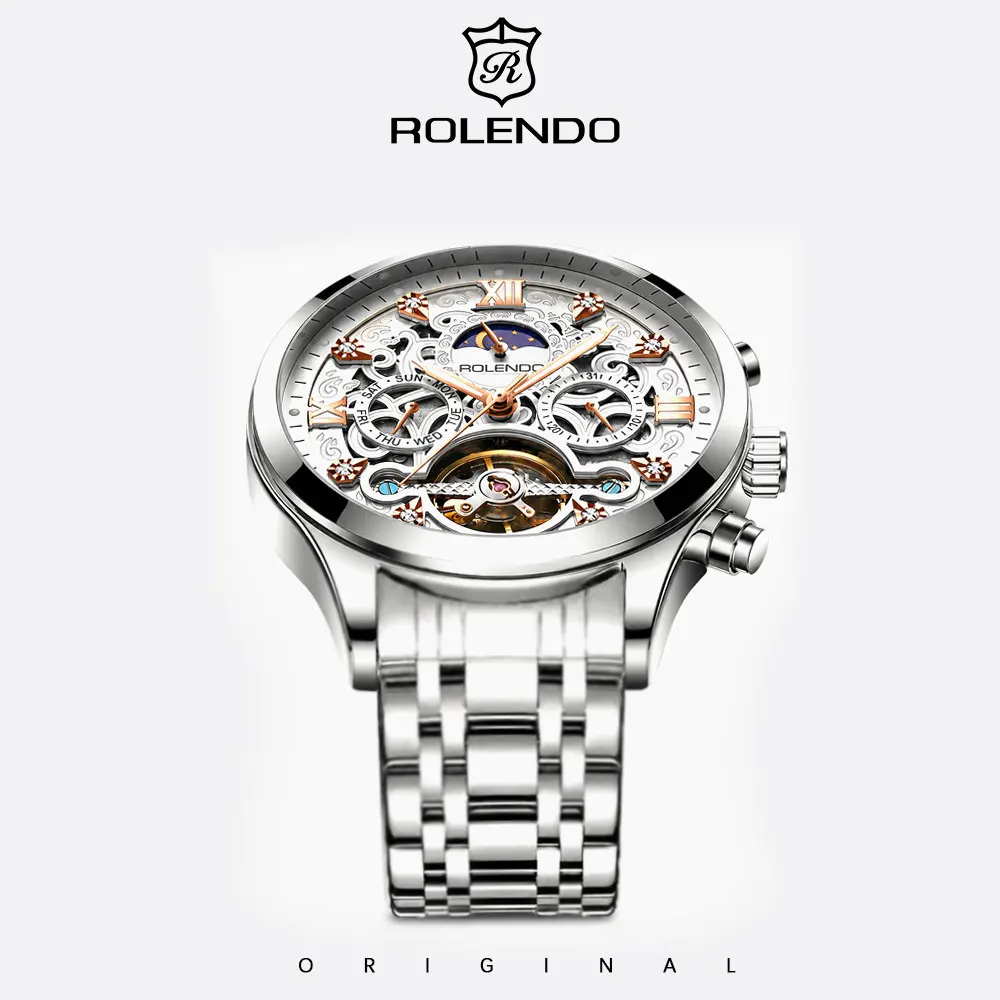 ROLENDO Luxury Men Auto Mechanical Watch Skeleton Tourbillon Moon Phase Week Cal Luminous Waterproof Steel Band Business Watches