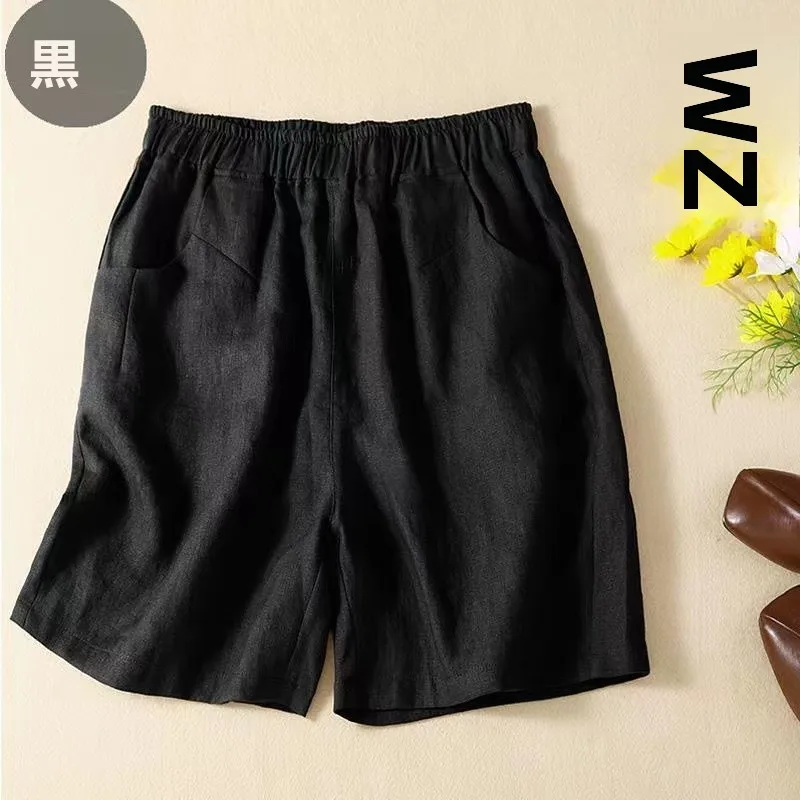 Casual Cotton Linen Five-Point Pants Women Summer High Waist Wide Leg Pants Commute Style Comfortable Leisure Trousers