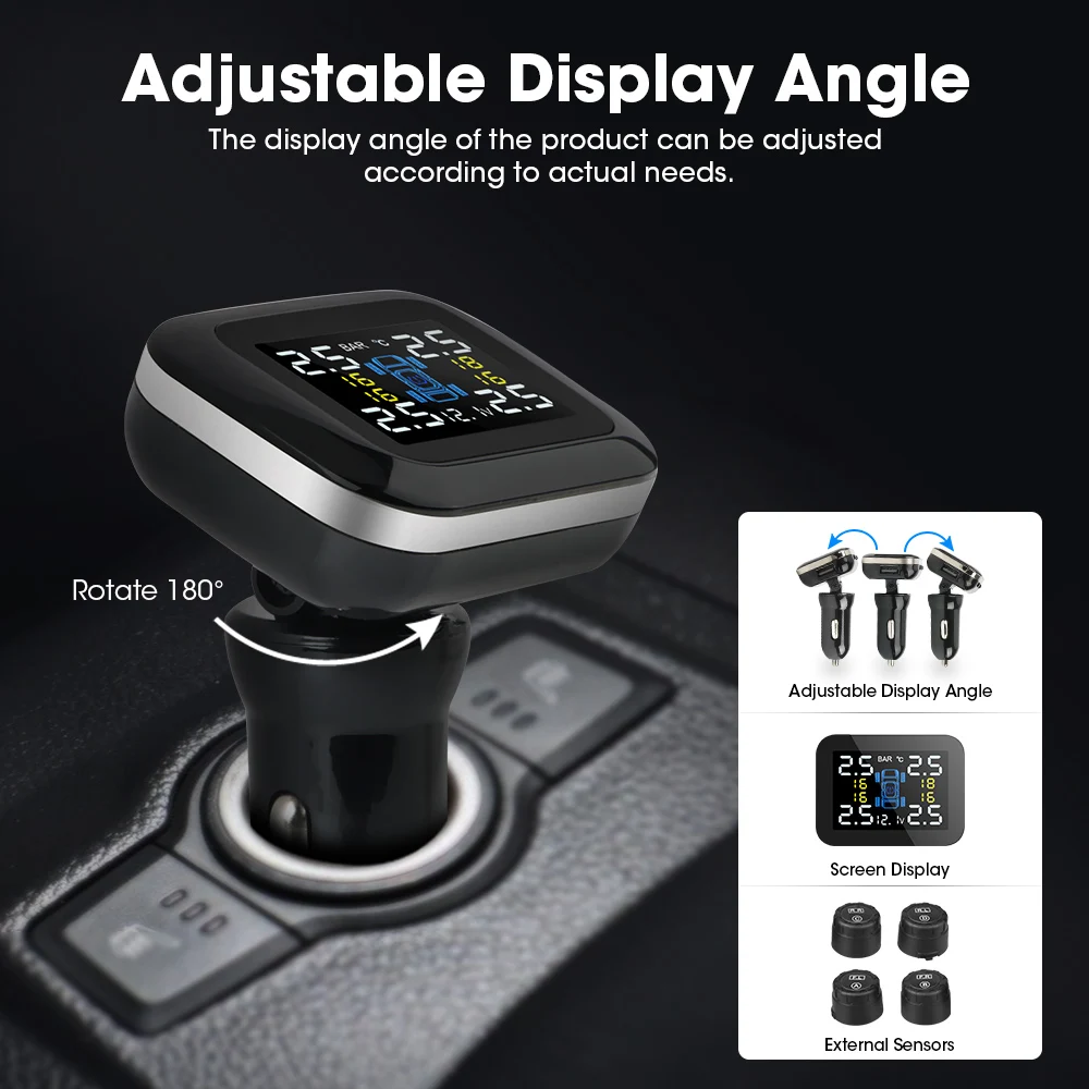 Jansite Car TPMS Cigarette lighter Tire Pressure Monitoring System Sensors Adjustable Display Angle Auto Security Alarm Pressure