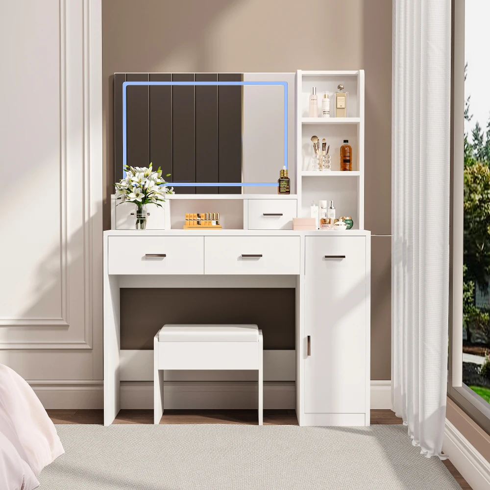 

White dressing table with LED 3-color illuminated mirror and power outlet, dressing table with drawers, storage box and shelf