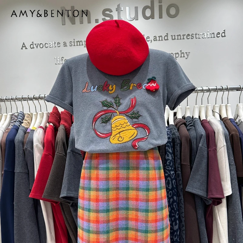 

Right Shoulder Brushed Short Sleeves Tees T-shirt Women's Heavy Embroidery Wind Chime Thickened Inner Layer Top Pullover Tshirts