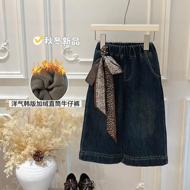 

2025 теплые джинсы для девочек, осенне-зимние однотонные широкие брюки, удобные повседневные брюки, детская одежда для детей 4-12 лет