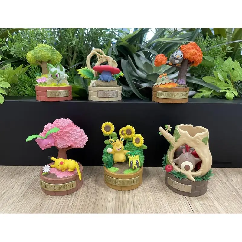 6pcs/set Genuine RE-MENT Pokemon Stories in the Forest Miniature Scene Hoppip Starly Action Figure Model Toys Gift for Birthday