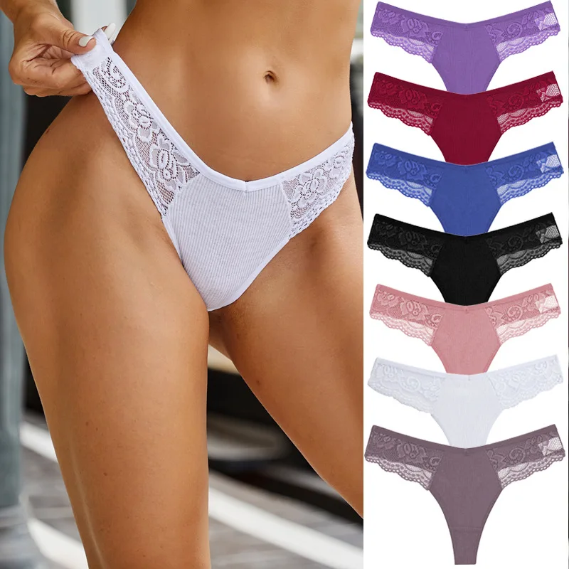 

Women's Sexy Cotton Triangle Thong Pure Desire Low V-Waist Lace Patchwork Underwear Comfortable Breathable Panties Daily Wear