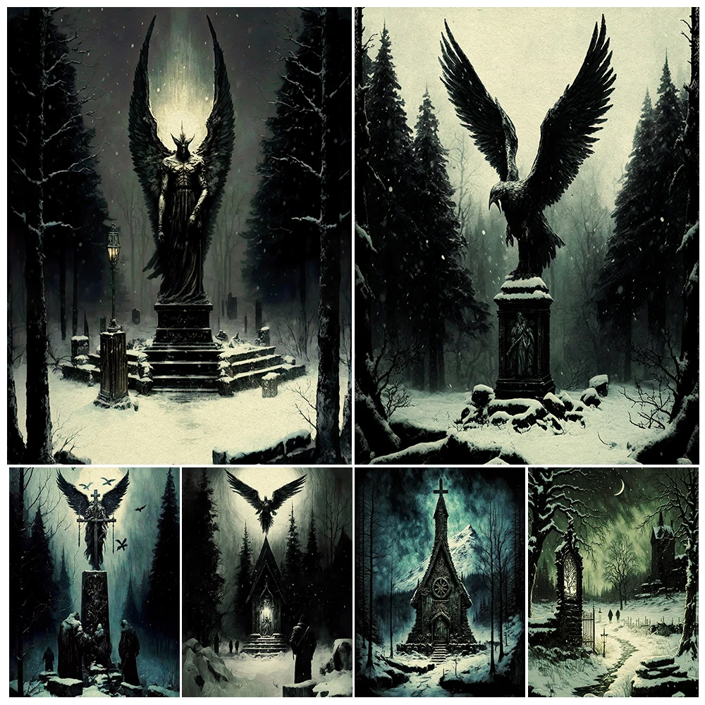A Eerie And Mysterious Church Vintage Wall Art Canvas Print Statues Of Fallen Angels And Crosses In Cemeteries Art Psoter Print