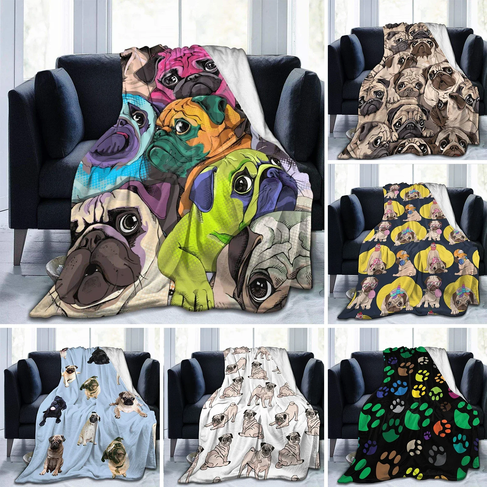 

Colorful Pug Dogs Funny Puppy Fuzzy Flannel Blanket Throw, Super Soft Lightweight Blanket Throw for Couch Chair Sofa,Bed Blanket