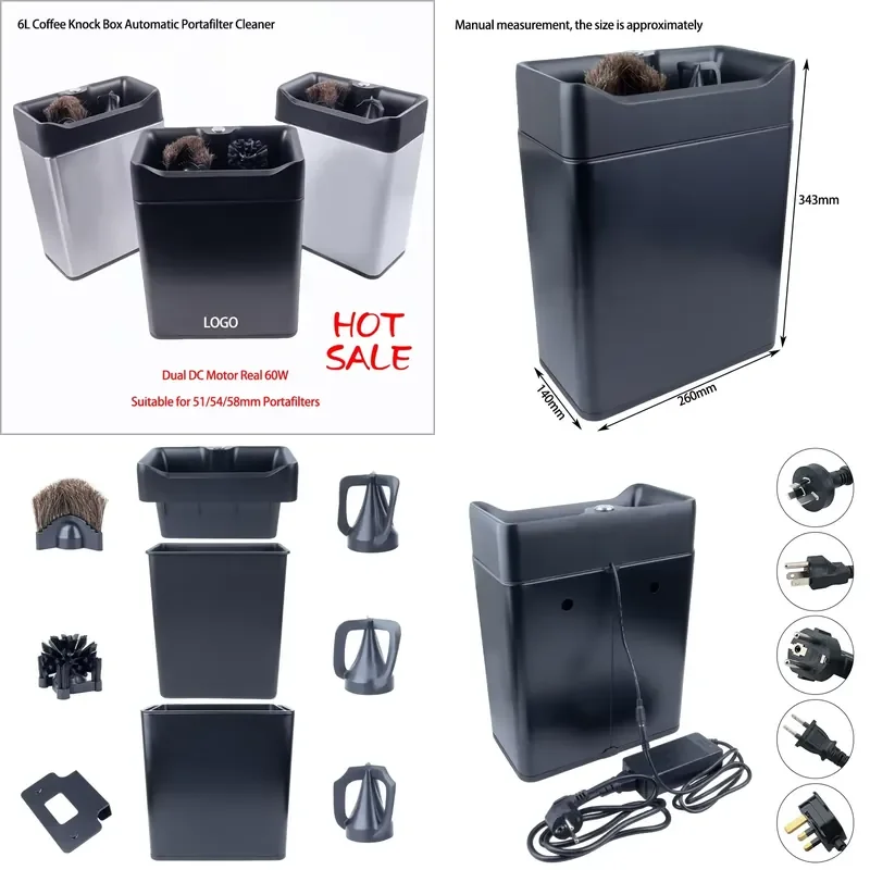 6L Electric Coffee Grounds Knock Box Dual DC Motor 60W Automatic Espresso Portafitler Cleaner Machine 51/54/58mm Custom Brand