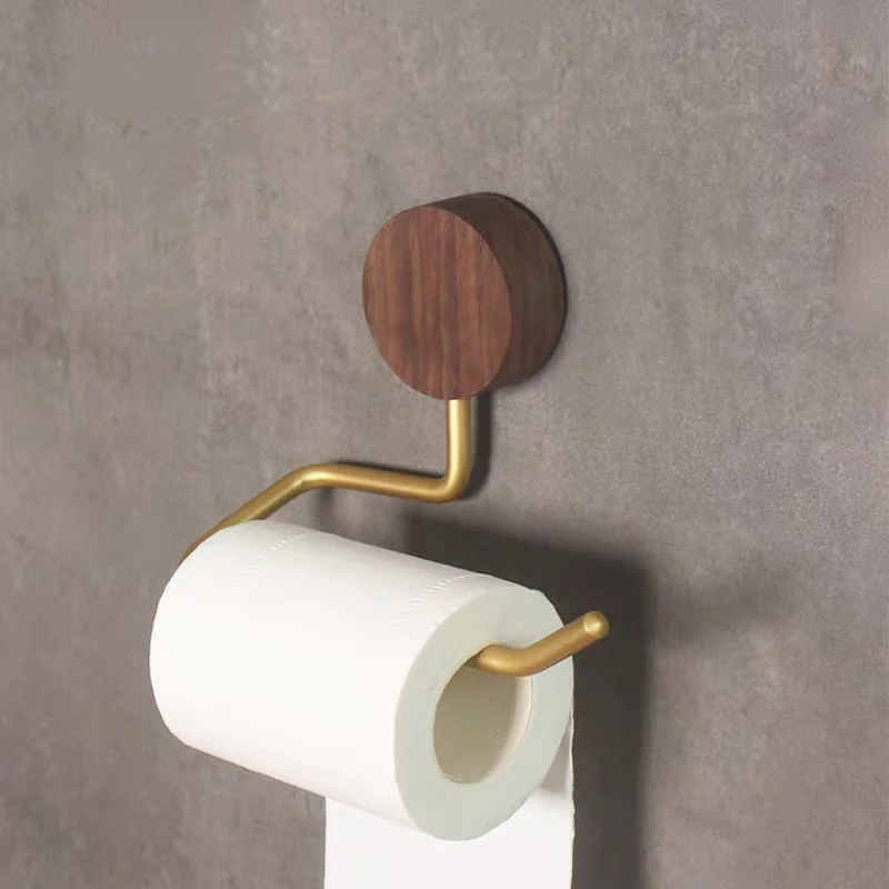 Wood And Metal Toilet Roll Paper Holder Self Adhesive Bathroom Accessories Tissue Paper Rack For Kitchen Easy Install No Scre