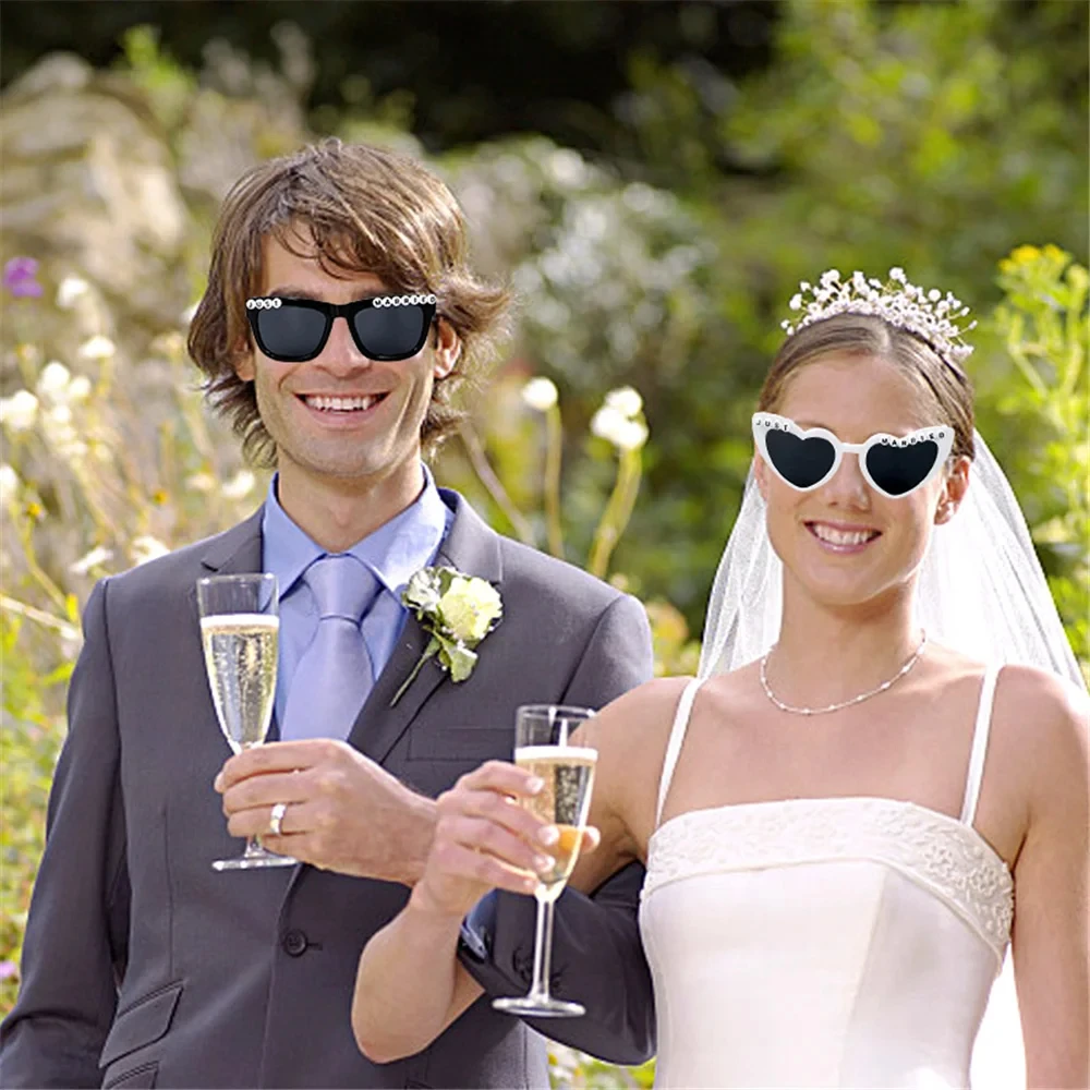 Just Married Sunglasses, Wedding Party Favors, Square & Heart Shape Bridal Groom Photo Booth Props for Groomsmen Bridesmaids