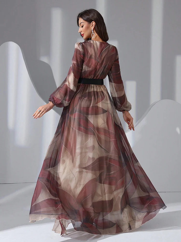 TOLEEN Womens V-Neck Lantern Sleeve Long Dress With Contrast Color Belt 2025 Fashion Casual Elegant Formal Party Evening Dresses