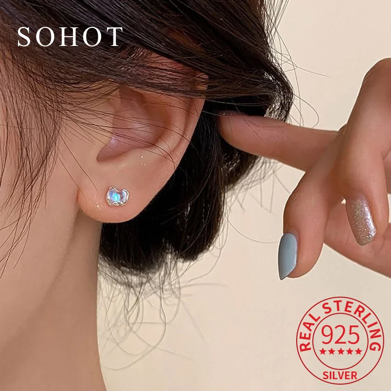 Real 925 Sterling Silver Exquisite Colorful Geometric Stud Earrings for Women Fine Jewelry Screw Bead Luxurious Accessories