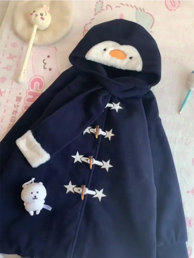 Japanese Sweet Style Cartoon Plush Penguin Pattern Bull Horn Buckle Hoodies Women's Loose Solid Plush Coats Classic Clothing