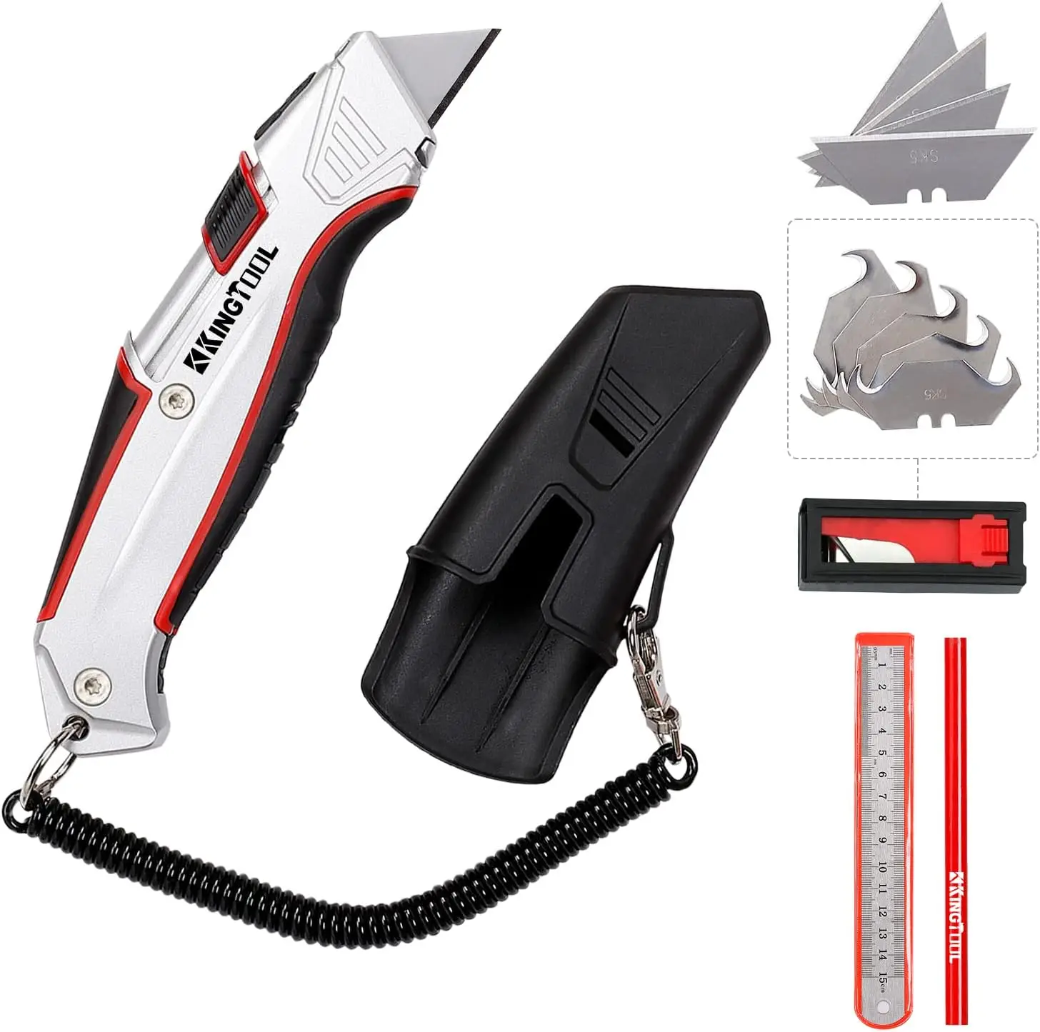 

Auto Retractable Box Cutter with Holster, 10 SK5 Blades, Aluminum Shell, Rubber Grip, Safety Utility Knife