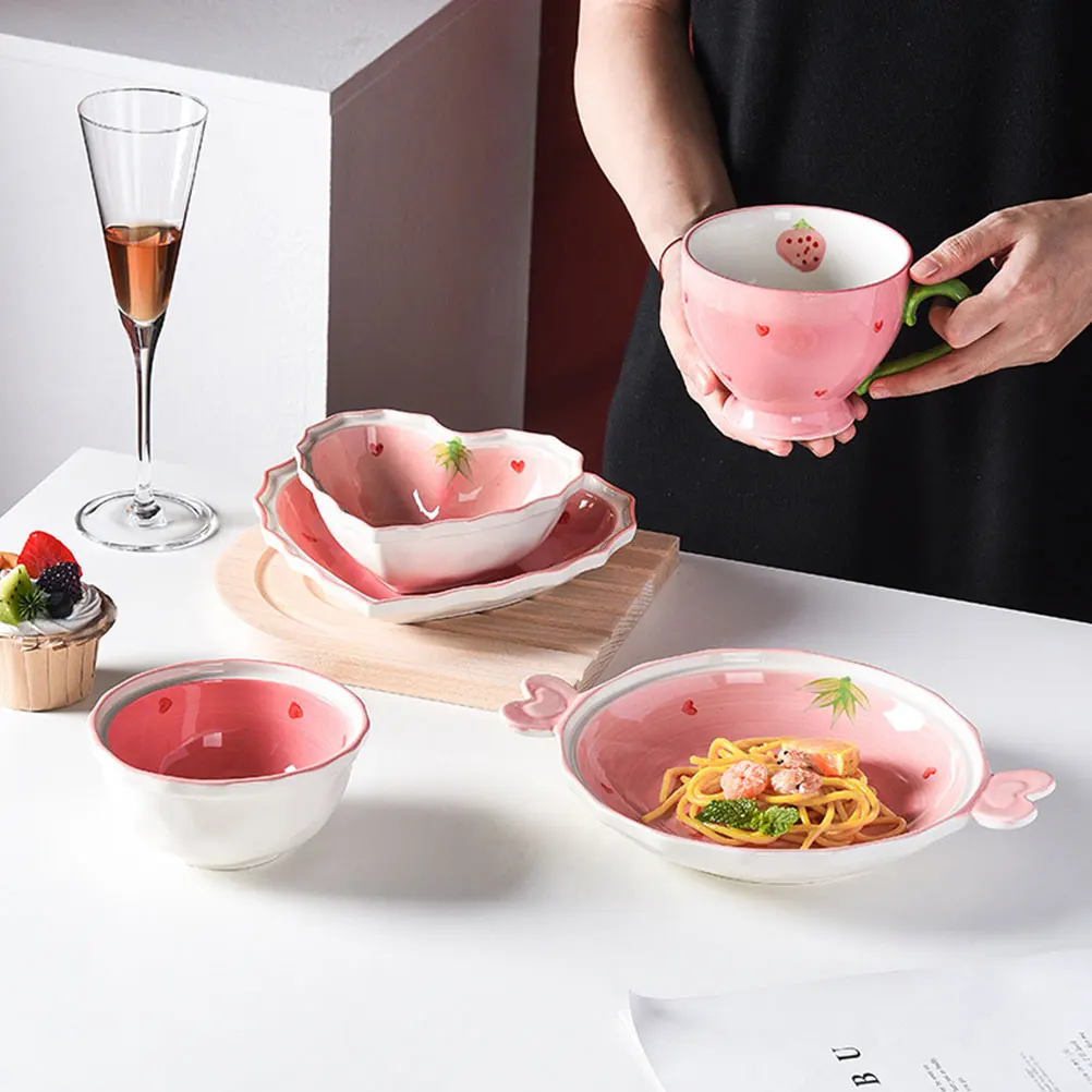 

1Set Strawberry Bowl Ceramic Adorable Food Serving Bowl Spoon Decorative Printing Home Restaurant Use Kitchen Food Container