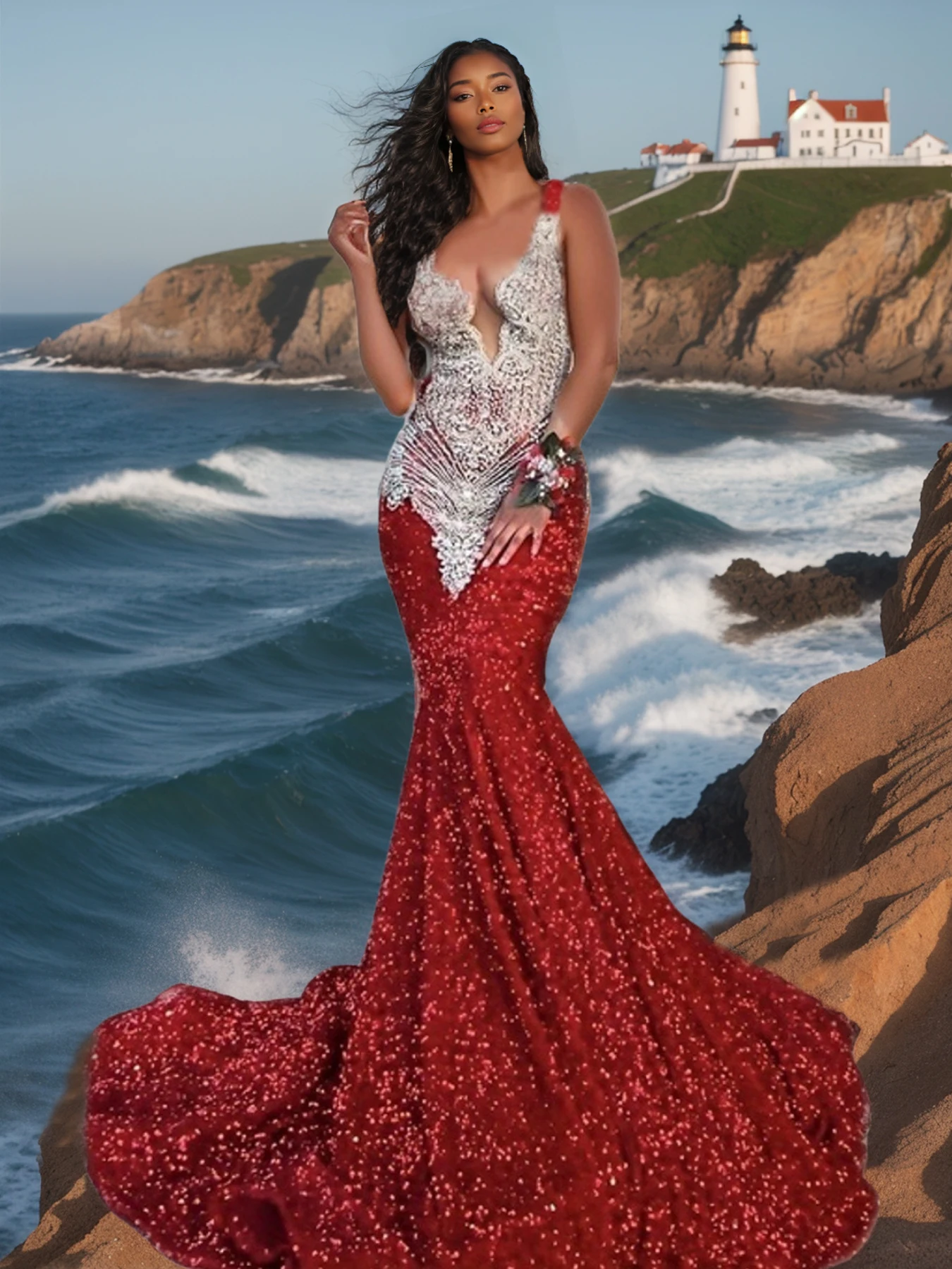 Romagic Gorgeous Long Formal Prom Gown Mermaid Luxury Sparkly Silver Crystals Red Sequins Black Girls Evening Party Dress 2025