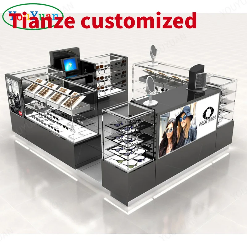 (customized)Custom luxury tall cases lock design showcases eyewear kiosk selling eyeglasses in shopping mall