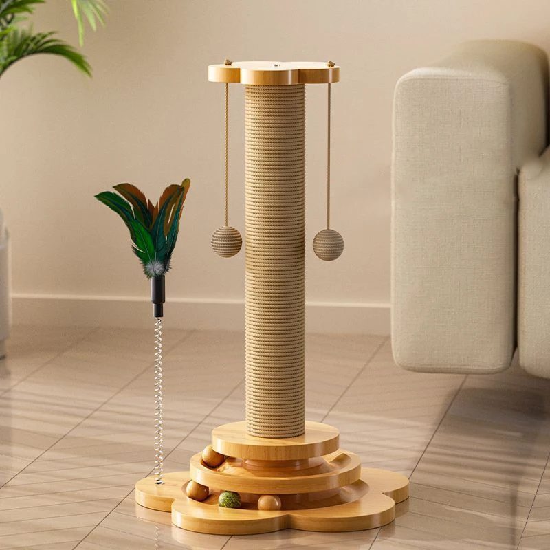 Pet Cat Toy Solid Wood Cat Turntable Funny Cat Stick Balls Durable Sisal Scratching Board Cat Supplies Cat Grab Column