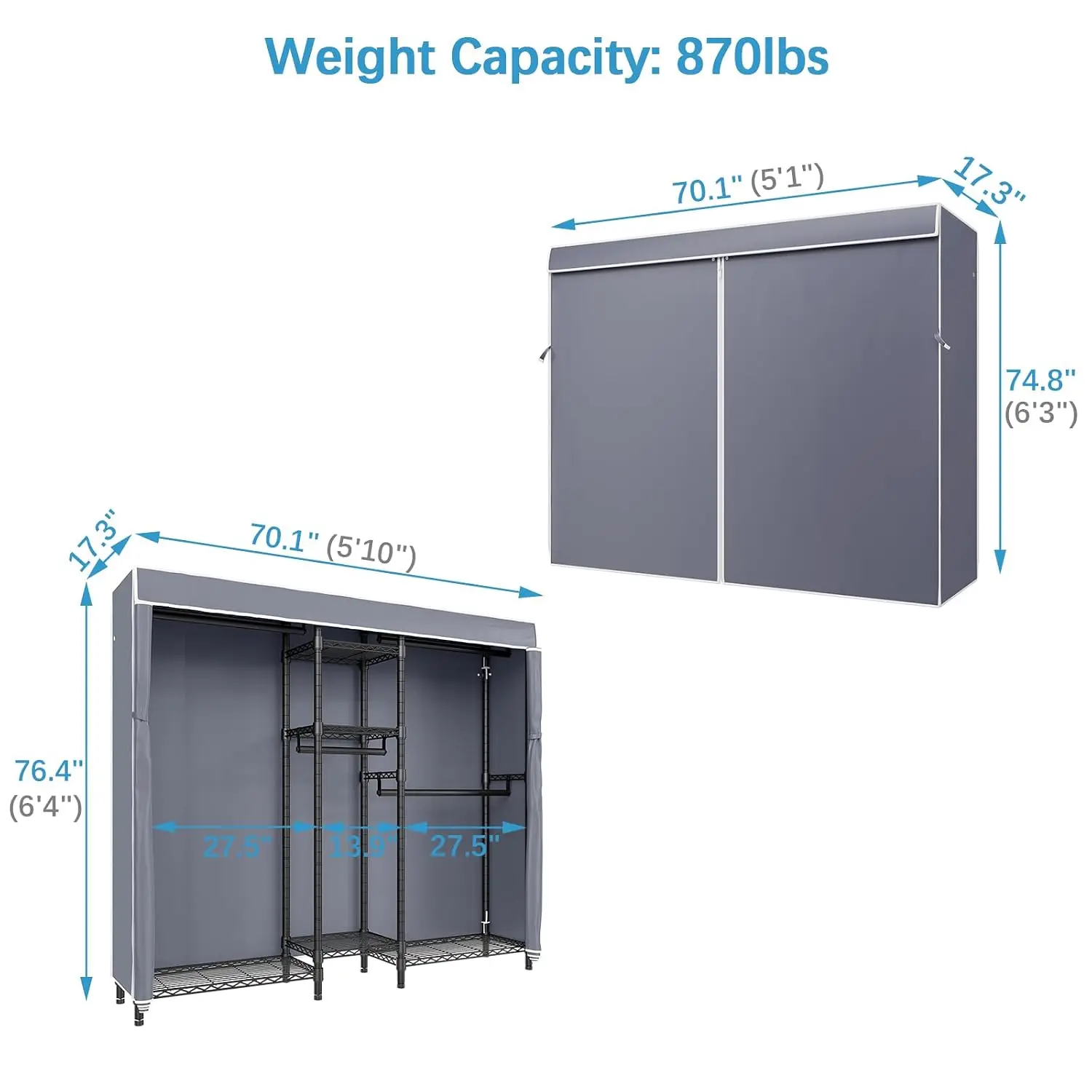 Heavy Duty Clothes Rack, 5 Tiers Wire Garment Rack, Black Metal Grey Oxford Cover, 70.1