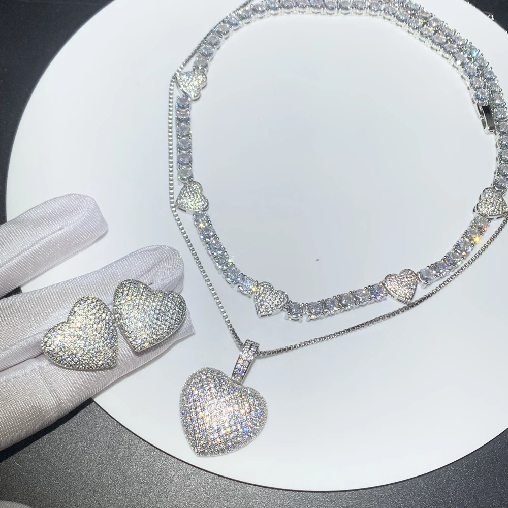 Iced Out Bling 5A CZ Sparking Fashion Women Jewelry Full Micro Paved CZ Puffy Heart Earring Necklace Set